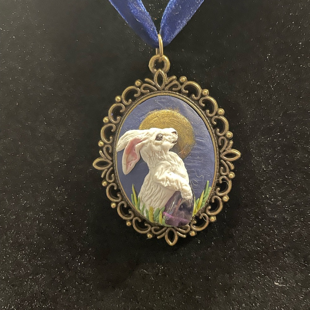 Vintage Style Rabbit Pendant with Blue Ribbon